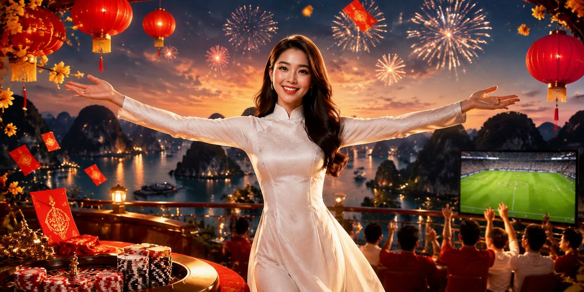 Cảnh Vịnh Hạ Long cùng phong bao lì xì đỏ truyền thống